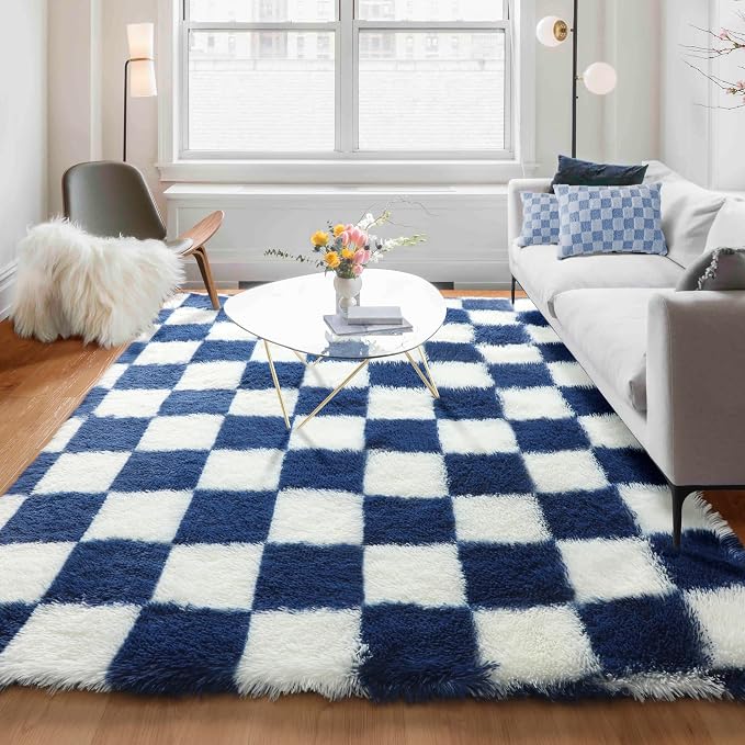 KICMOR Living Room Rug 5x7 Checkered Fluffy Area Rug, Soft Plush Indoor Floor - Image 5