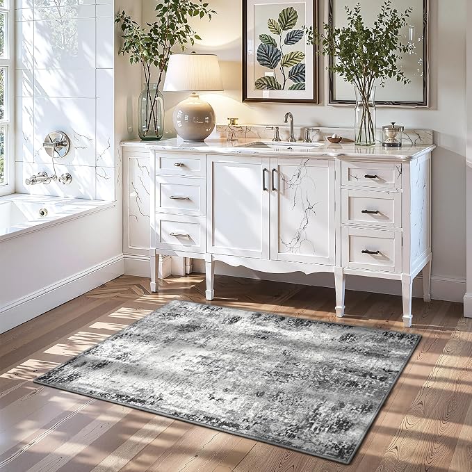 Entrance Rugs Indoor 2x4 Grey Entry Rug Washable Abstract Black Small Area Rug - Image 2