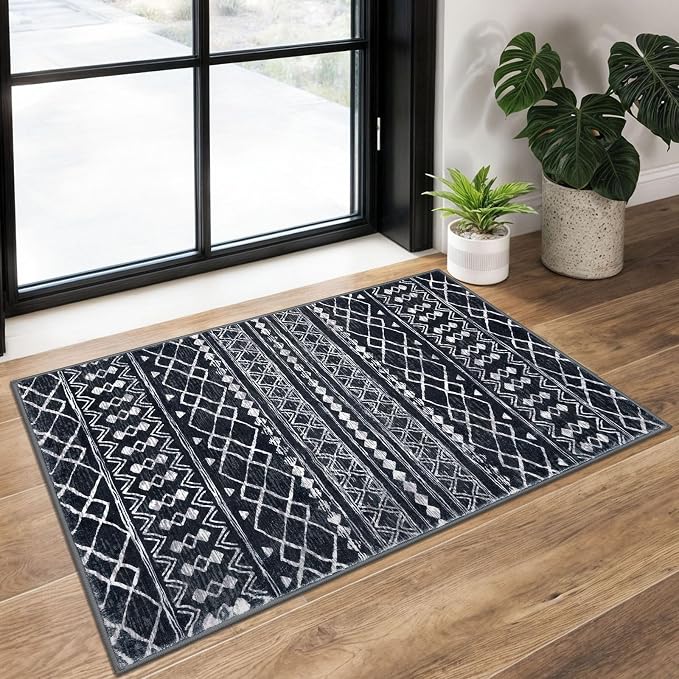 KUTA Moroccan Boho Entryway Rug, 2x3 Black Entrance Small Area Rug Non-Slip by KUTA