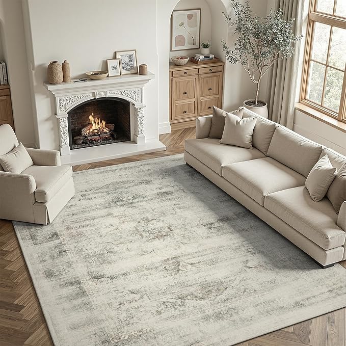 DCX 8x10 Vintage Rug, Machine Washable Stain Resistant Distressed Beige Rug - Image 3