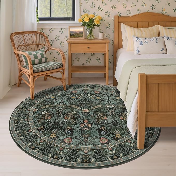 Dark Green 6ft Round Rugs for Living Room, Botanical Floral Washable Circle - Image 3