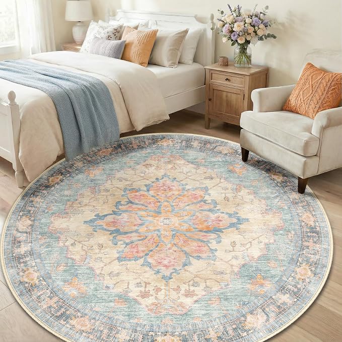 RELEANY Area Rugs Round 6ft Washable Non-Slip, Floral Vintage Distress - Image 3
