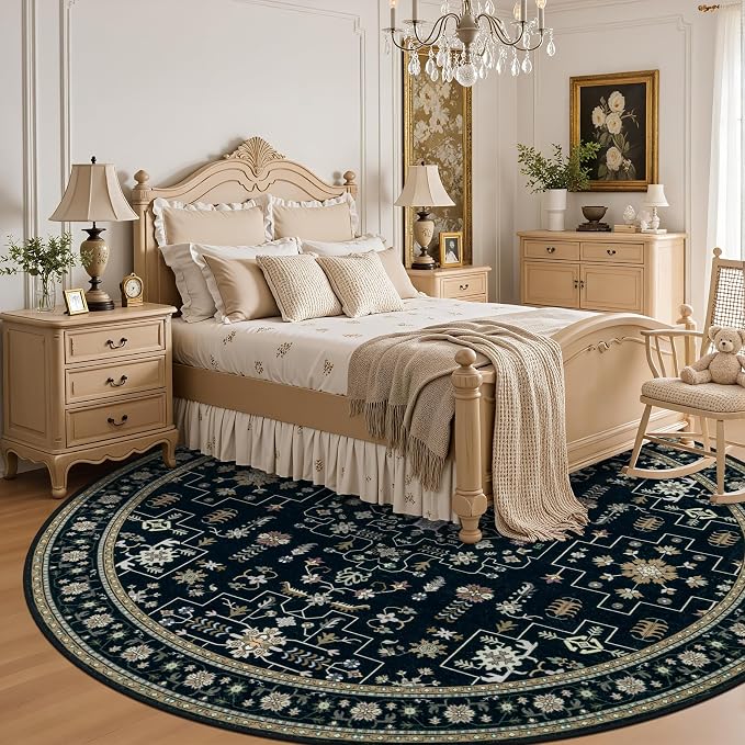 Round Area Rug for Living Room: 4 ft Washable Vintage Boho Soft Thin Circle Rug - Image 4