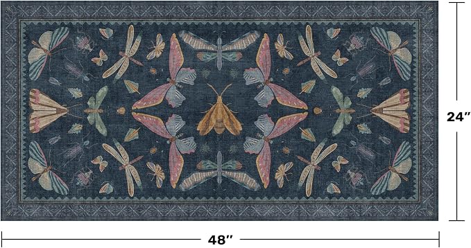 Dark Blue 2x4 Non Slip Bathroom Rug, Washable Vintage Boho Insect Carpet - Image 2