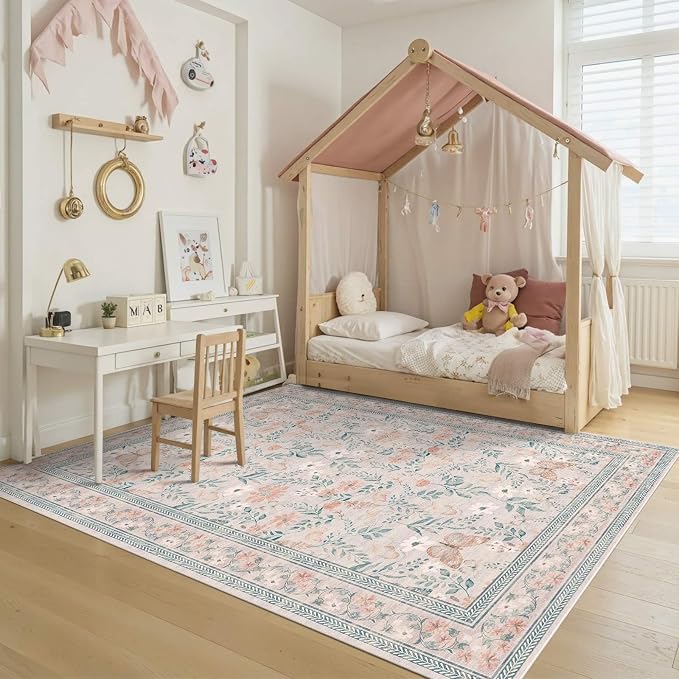 Rugxara Pink Floral 5x7 Washable Area Rug, Vintage Boho Non Slip, Low Pile Rugs by Rugxara