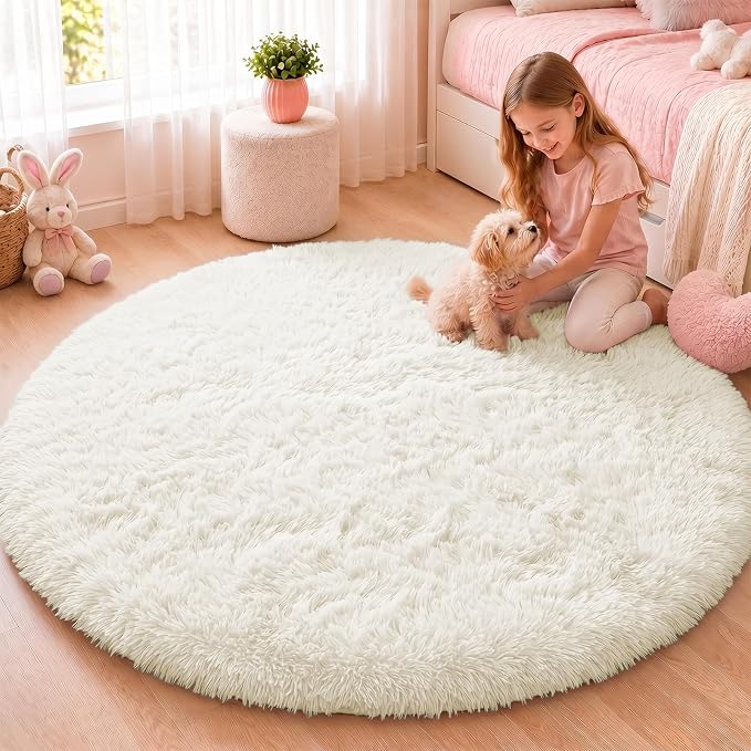 OLANLY Ivory Round Rugs for Bedroom by OLANLY