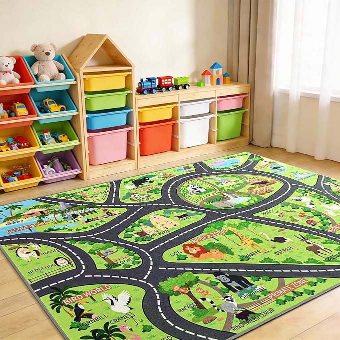 Zoo Adventure Kids Rug, Cute Animal Play Mat by BBENRON