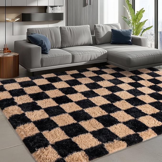 Shag Rugs for Bedroom, 4x6 Checkered Black Beige Soft Fuzzy Rugs for Living Room - Image 3