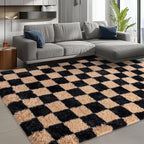 Shag Rugs for Living Room 9x12, Ultra Soft Checkered Black Beige Big Fuzzy Rugs - Image 2