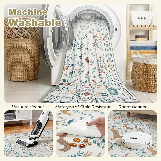 Runner Rug Washable Runners Kitchen Rugs Non Slip Neutral Floral Carpet Low Pile - Image 4