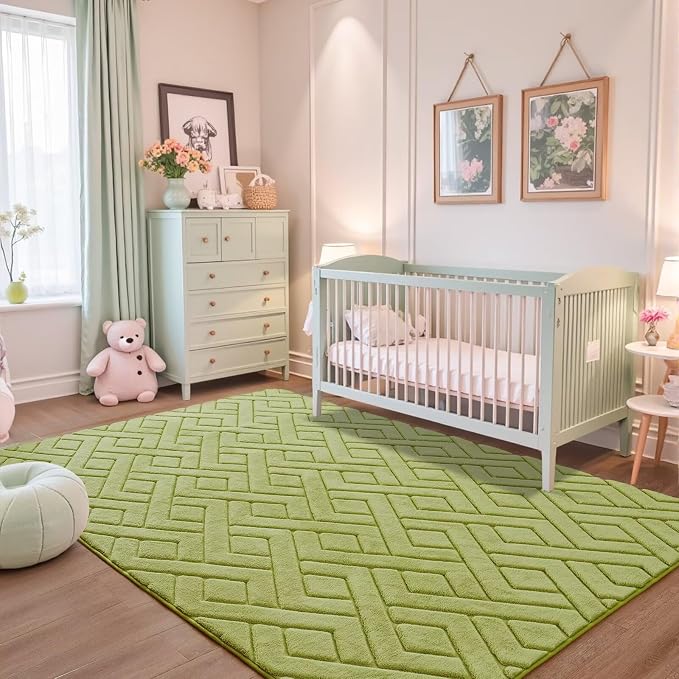 5x7 Green Washable Area Rug for Bedroom Living Room, Modern Geometric Shag - Image 5