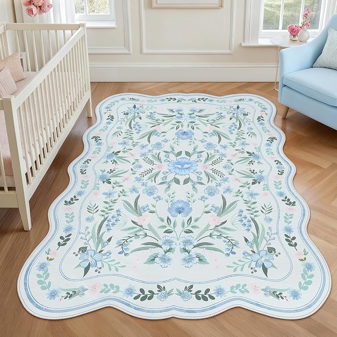 Blue Floral Rug 4x6 for Girls Bedroom or Nursery, Scalloped Washable Non-Slip by Dadasgk