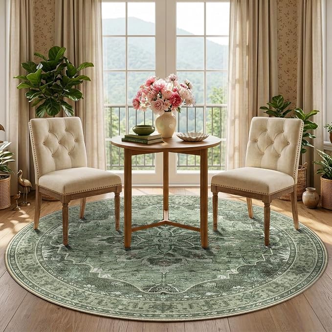 RELEANY Area Rugs Round 5ft Washable Non-Slip, Floral Vintage Distress - Image 2
