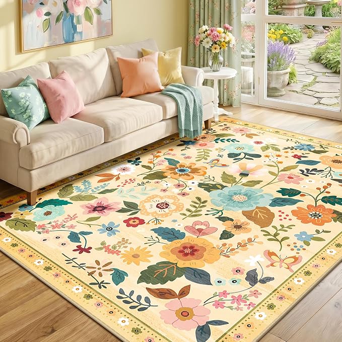 RELEANY Floral 6x9 Area Rugs Washable Print Boho Cute Carpet Non Slip Flower by RELEANY