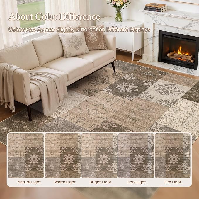 UERMEI 6x9 Area Rug for Living Room, Washable Brown Modern Geometric Patchwork - Image 8