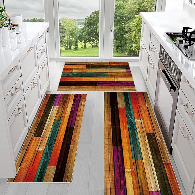 Sofort Kitchen Rugs Sets of 3, Colorful Wooden Abstract Kitchen Mats by Unknown
