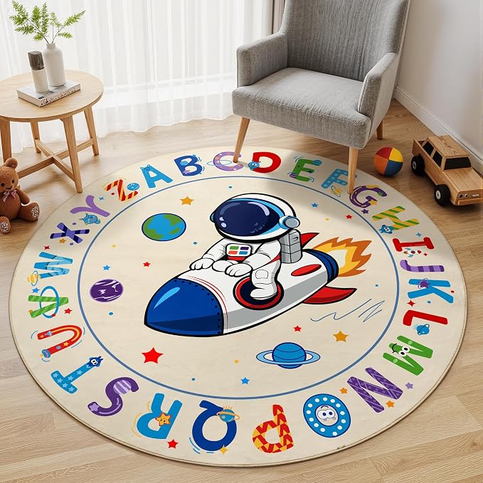 ABC Kids Alphabet Round Rug 4ft, Washable Soft Circle Nursery Rug, Non-Slip by KiginaraArt