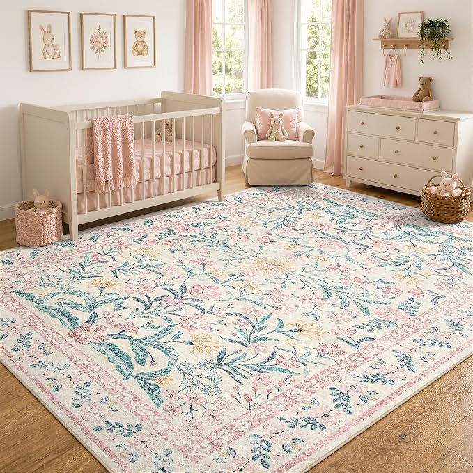 Wonnitar Floral Large Rugs for Living Room, Soft Light Pink Rug Washable 9x12 by Wonnitar