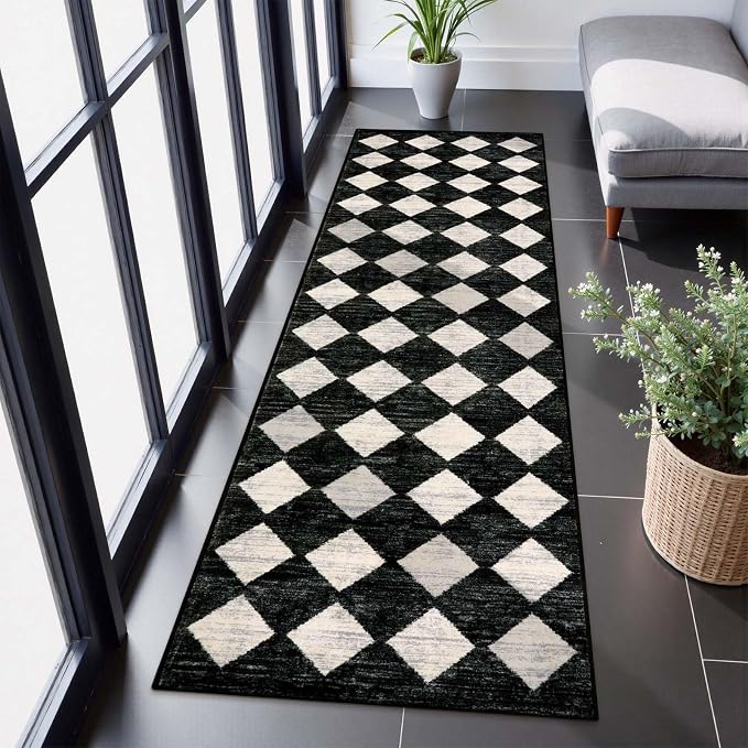 Checkered Kitchen Runner Rug 2x8 Black and White, Hallway Non Slip Washable by Lahome