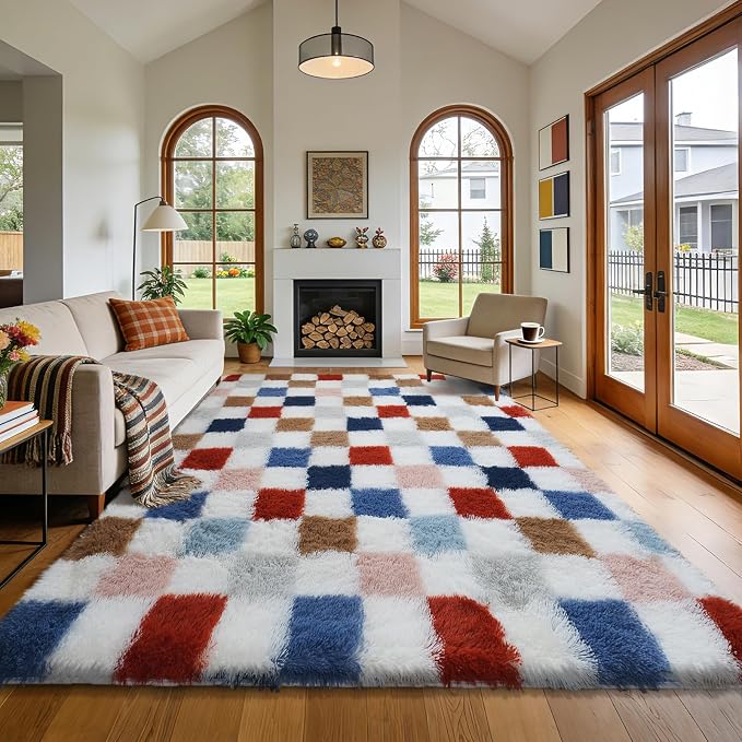 Shag Area Rug for Bedroom Living Room, 5x8 Fluffy Soft Colorful Checkered Rug by Boshengya