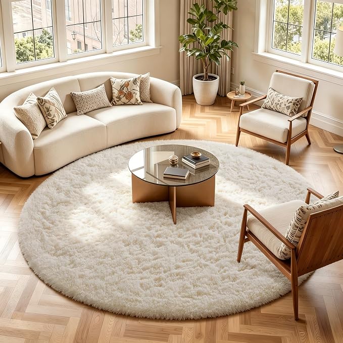 Ophanie Round Rugs 8Ft Ivory Circle Area Rug Washable, Large Living Room - Image 3