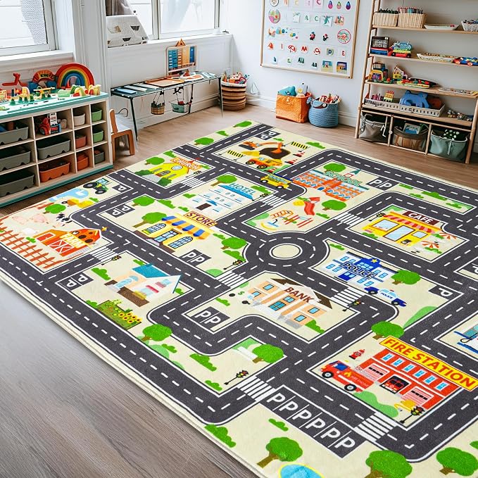 Car Rug Play Mat for Kids Toy Cars, City Road Traffic Playmat for Kid Bedroom by PlumlikHomeDecor