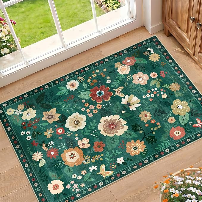 RELEANY Floral 2x3 Area Rugs Washable Print Boho Cute Carpet Non Slip Flower by RELEANY