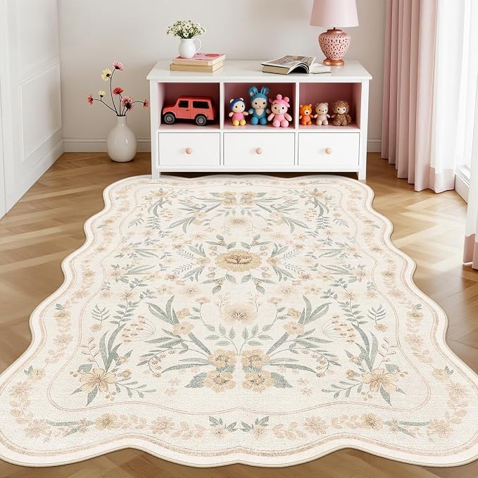 Scalloped Floral Rug 5x7, Neutral Beige Washable Non Slip Area Rug - Image 2