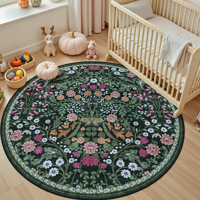Round Area Rug for Living Room: 6 ft Floral Washable Circle Rug Soft Boho - Image 5