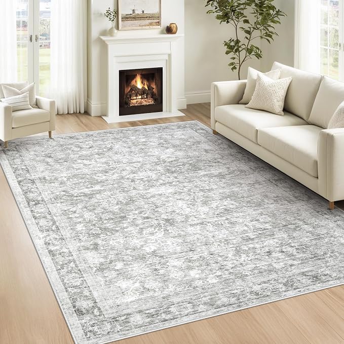 5x7 Area Rugs for Living Room: Washable Vintage Floral Rug Low Pile Non-Slip by LOSBULAKE