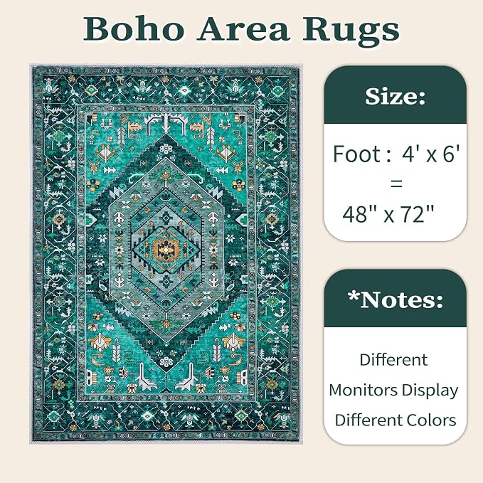 SERISSA 4x6 Boho Bedroom Rug, Washable Non Slip Vintage Teal Area Rugs - Image 6