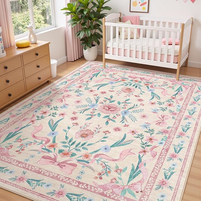 Coquette Pink Bow Rug 5x7, Washable Floral Area Rug - Image 3