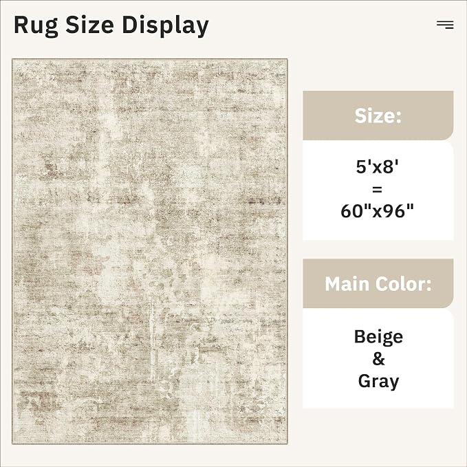 Soalmost 5x8 Area Rugs Beige Gray Low Pile Indoor Washable Trendy Faded Style - Image 5
