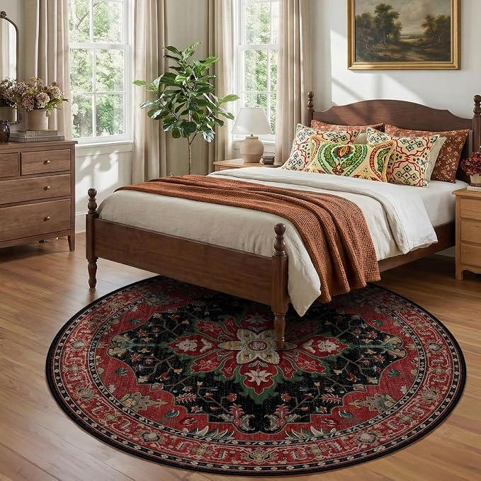 RELEANY Area Rugs Round 8ft Washable Non-Slip, Floral Vintage Distress - Image 3