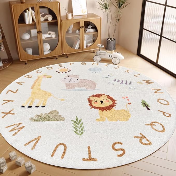Poowe ABC Animals Kids Play Mat Baby Nursery Rug Round Educational Alphabet - Image 4