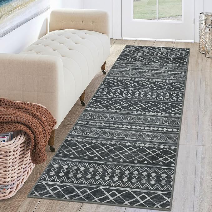 KUTA 2x6 Washable Runner Rug Non-Slip, Dark Grey Beige Moroccan Boho Rug Runner by KUTA