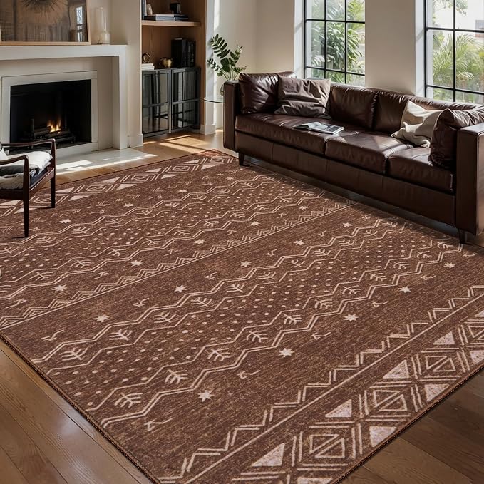 SERISSA 5x7 Area Rugs for Living Room, Washable Non-Slip Coffee Brown Boho Rug by SERISSAHomeDecorCollection