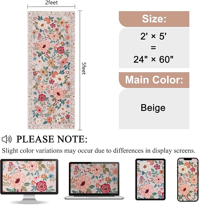 DUKINO 2x5 Runner Rug for Hallway, Washable Kitchen Floral Runner Rug - Image 2