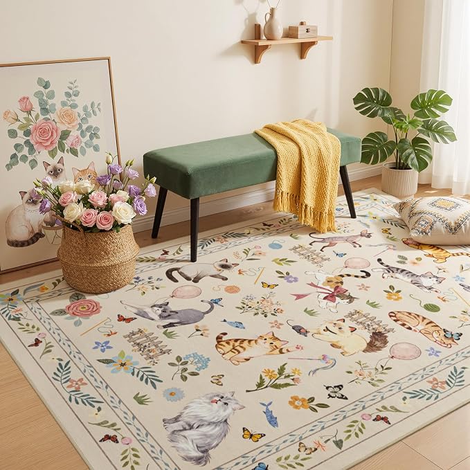 Unirea 3x5 Beige Cat Area Rug for Entryway Kitchen, Medium Washable Kids Rug - Image 8