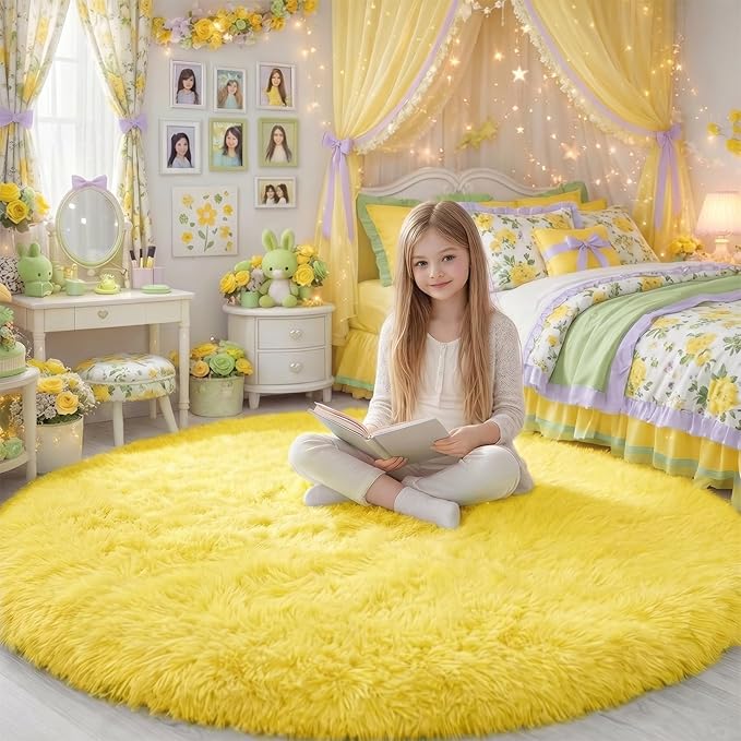 Amdrebio Yellow Circle Round Rug 6Ft by Amdrebio
