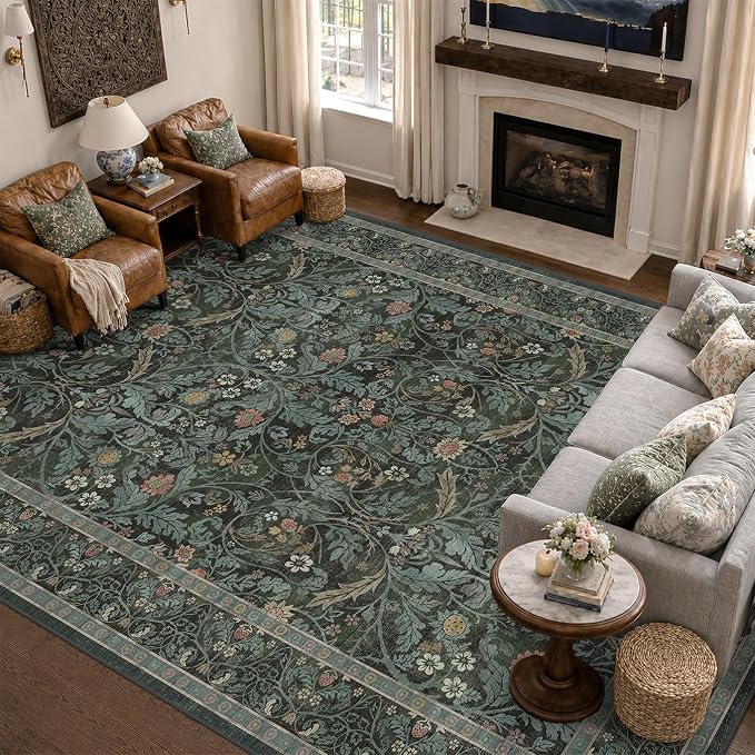 Washable Area Rug 9x12 Living Room, Ultra Soft Dark Floral Large Washable Rugs by Evyhood