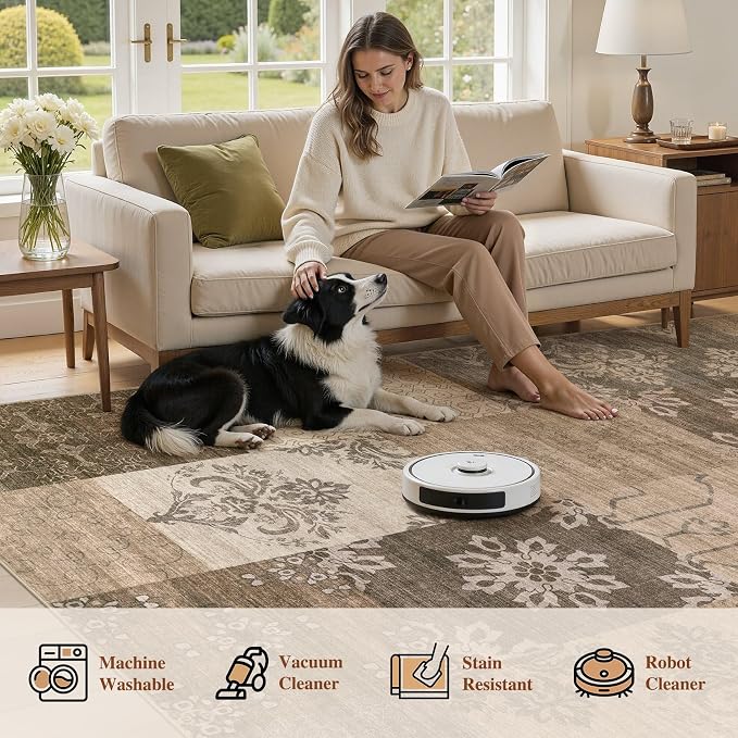 UERMEI 6x9 Area Rug for Living Room, Washable Brown Modern Geometric Patchwork - Image 5