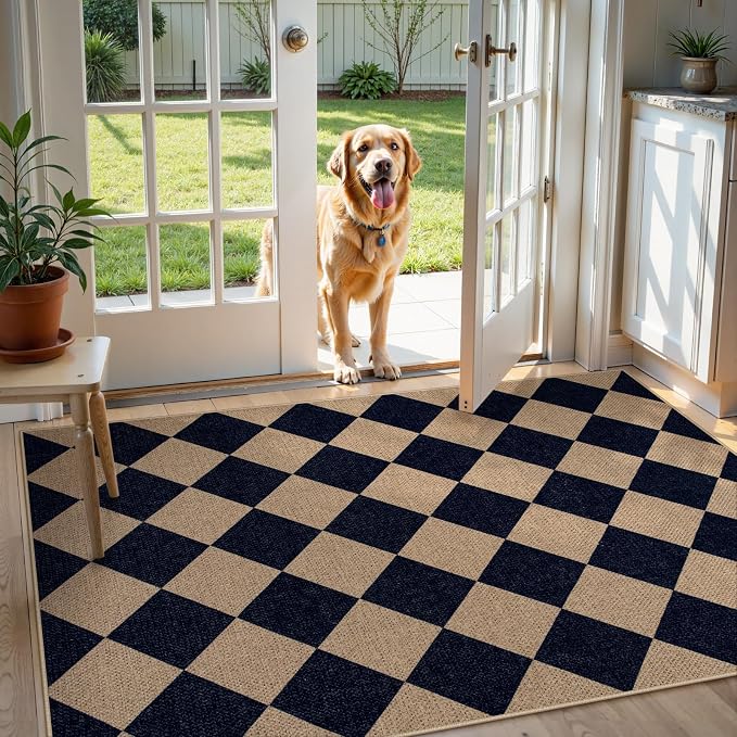Lahome Colette Checkered Easy Jute Entry Rug, 3x5 Black Outdoor Patio Rug by Lahome