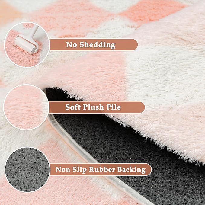 PureCozy Checkered Rug 6x9 Fluffy Shag Living Room Pink Area Rug Modern - Image 6
