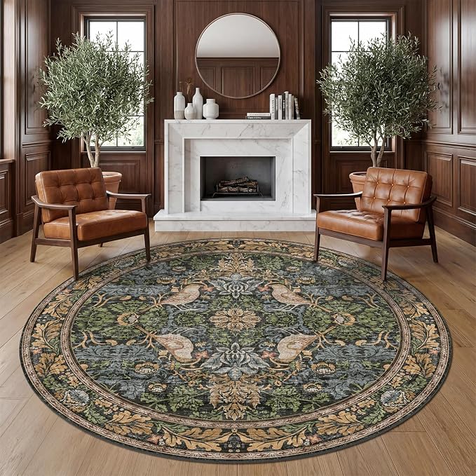 Washable Round Area Rugs 6ft for Living Room, Vintage Large Boho Floral Bird by HazoHaus