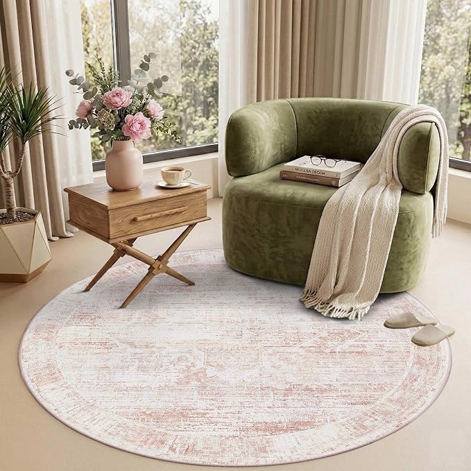 Latte&Fog 4ft Pink Floral Round Circle Area Rug, Low Pile Non Slip Indoor Small - Image 3