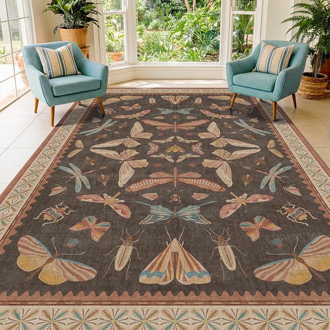 Washable Brown Farmhouse Rug 7x9, Low Pile Area Carpet by HazoHaus
