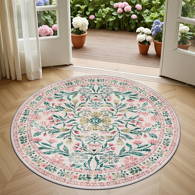 Round Area Rug for Living Room: 4 ft Floral Washable Circle Rug Soft Boho - Image 2