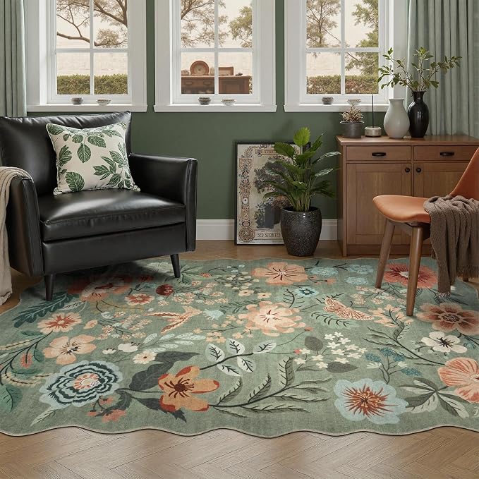 DCX Vintage Floral Rug 5x7, Washable Sage Green Rug - Image 4