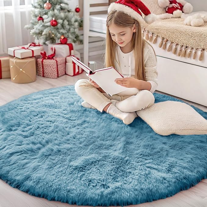 OLANLY Slate Blue Round Rugs for Bedroom by OLANLY